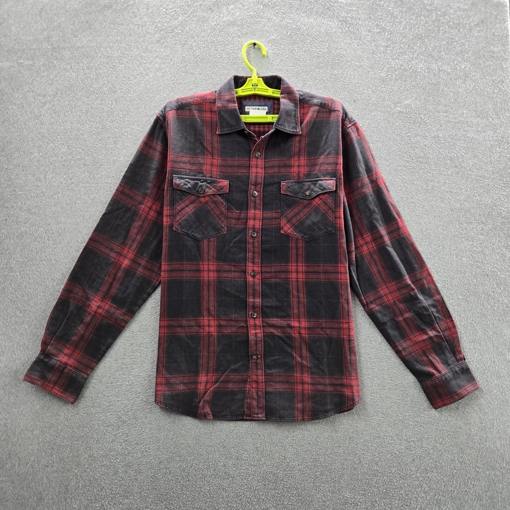 32 Bar Blues Men Button Up Shirt M Red Plaid Work Flannel Long Sleeve‎